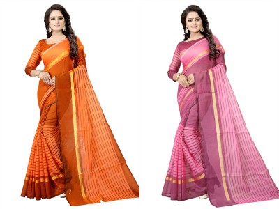 Saadhvi Striped, Checkered Daily Wear Cotton Silk Saree(Pack of 2, Pink, Orange)