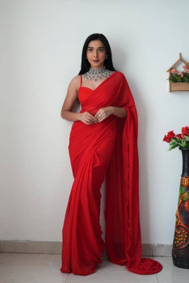 HouseOfCommon Solid/Plain Bollywood Georgette Saree(Red)