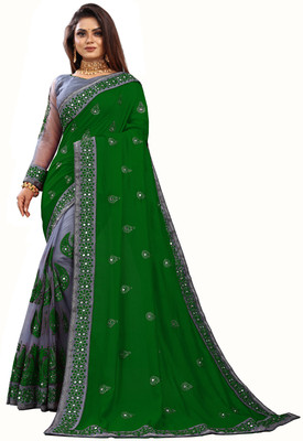 b bella creation Embroidered, Embellished Bollywood Net Saree(Dark Green)
