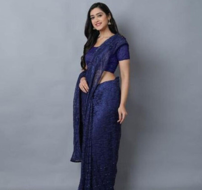 SwiftStyle Floral Print Daily Wear Net Saree(Blue)