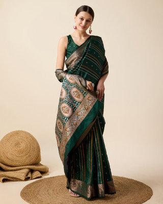 Yogik Creation Floral Print Banarasi Silk Blend Saree(Green)