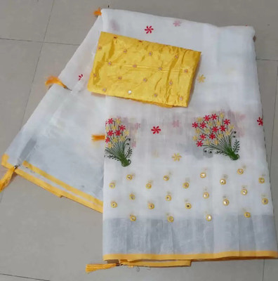 Raasan Creation Embroidered Chanderi Cotton Linen Saree(Pink)