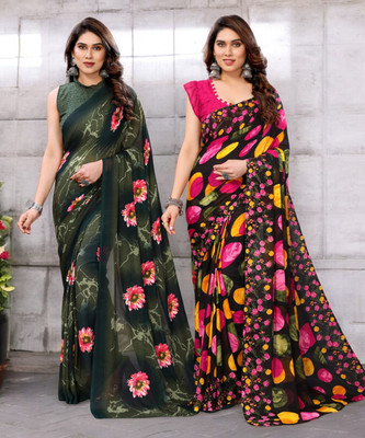 AMBUJAINTERNATIONAL Printed Bollywood Georgette Saree(Pack of 2, Multicolor)