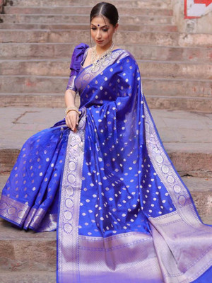 AAYNA FASHION Printed Banarasi Pure Silk Saree(Blue)