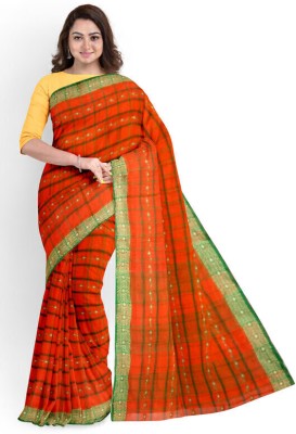 maa textile Woven, Checkered Bollywood Pure Cotton Saree(Orange)