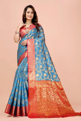 jayant creation Printed Banarasi Silk Blend, Jacquard Saree(Pack of 2, Light Blue)