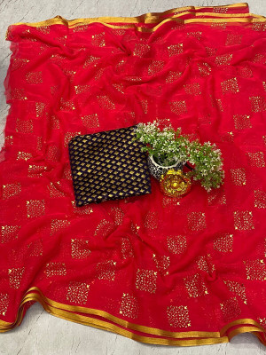 Desi Style Embellished Daily Wear Net, Chiffon Saree(Red)