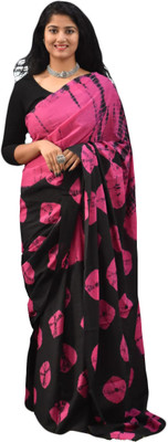 NIKHILAM Printed Bandhani Pure Cotton Saree(Pink, Black)