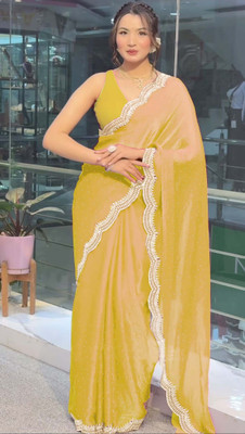 Sareez House Applique Bollywood Tussar Silk Saree(Yellow)