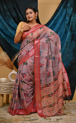 Divastri Digital Print Banarasi Cotton Linen Saree(Red)