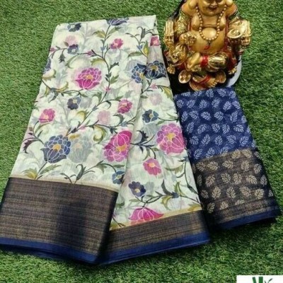 VCREATION Printed Daily Wear Cotton Linen Saree(Dark Blue)