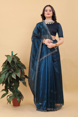 KHODAL ENTERPRISE Embroidered Bollywood Net Saree(Blue)