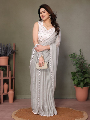 ROOP SUNDARI SAREES Self Design Bollywood Polyester Saree(Grey)