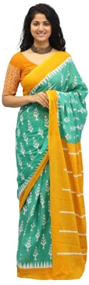 Sanganeri Print Blocked Printed, Color Block, Dyed, Floral Print, Printed Handloom Pure Cotton Saree(Light Green)