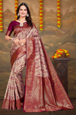 HouseOfCommon Woven Kanjivaram Pure Silk, Silk Blend Saree(Pink, Multicolor)