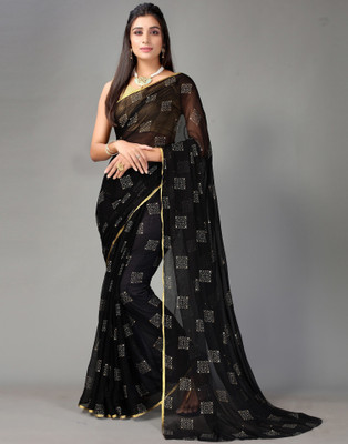 Desi Style Blocked Printed Bollywood Net, Chiffon Saree(Black)