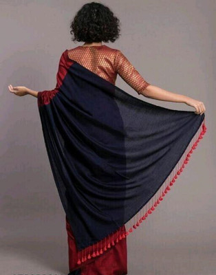 LushLooms Solid/Plain Handloom Cotton Blend Saree(Blue)