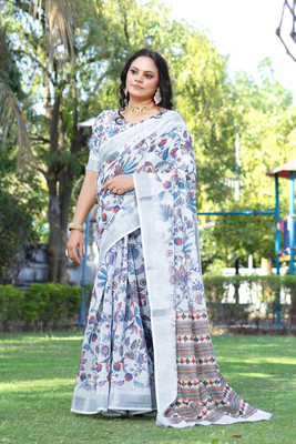 HouseOfCommon Floral Print Bollywood Cotton Linen Saree(White)