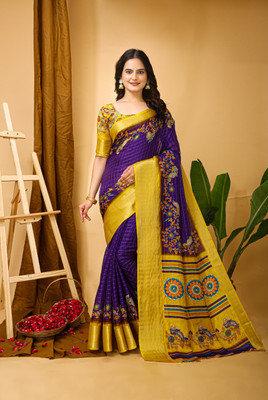 AEDYM Checkered, Floral Print, Printed Kalamkari Cotton Silk Saree(Purple)