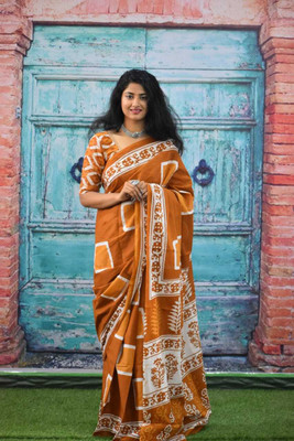 NIKHILAM Printed Daily Wear Pure Cotton Saree(Brown)