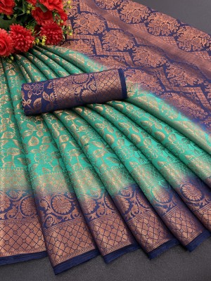 SEWELO FASHION Woven Banarasi Jacquard, Cotton Silk Saree(Dark Blue, Light Green)