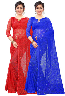 LOROFY Embellished Bollywood Net Saree(Pack of 2, Blue, Red)