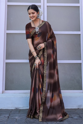Kanooda Prints Printed Mysore Georgette Saree(Brown)