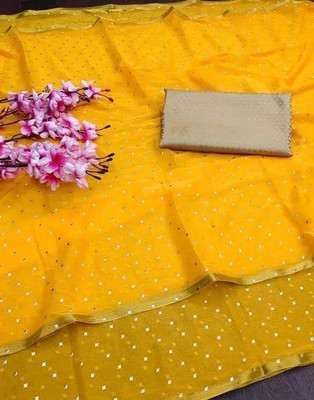 mamtasaree Polka Print Daily Wear Net, Chiffon Saree(Yellow)