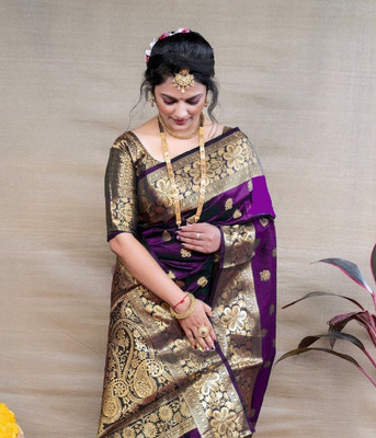 KSILK Woven Banarasi Pure Silk Saree(Purple, Gold)