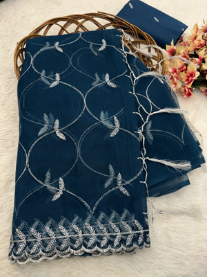 TIRTH CREATION Embroidered Bollywood Supernet Saree(Dark Blue)