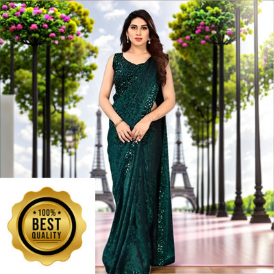 Vragi Solid/Plain Bollywood Lycra Blend Saree(Dark Green)