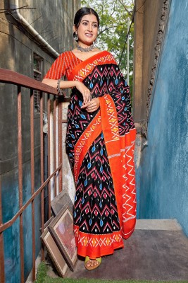 AANJANEY ENTERPRISE Printed Handloom Pure Cotton Saree(Dark Blue, Orange)