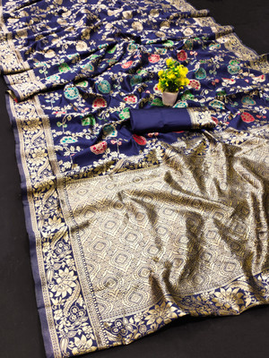 maayro Embellished Banarasi Silk Blend Saree(Dark Blue)