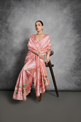 PeachPetals Floral Print, Printed Banarasi Cotton Silk Saree(Pink)