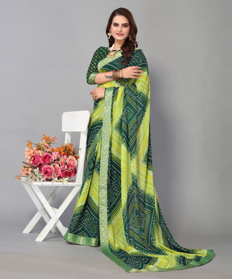 YASHIKA Printed Bandhani Georgette, Lace Saree(Green)