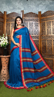 nebadita Temple Border Manipuri Cotton Linen Saree(Blue)
