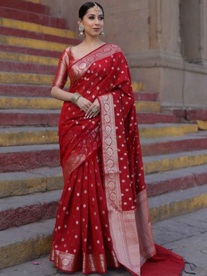 WOMENELEGENCE Embellished Banarasi Pure Silk Saree(Red)