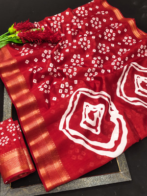 Bandhanivilla Printed Bandhani Cotton Blend Saree(Red)