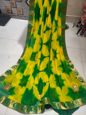 NeeLKANTH ENTERPRISE Checkered, Blocked Printed, Digital Print, Self Design, Hand Painted Bandhani Chiffon Saree(Green)