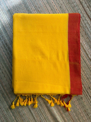 SMRITI HANDLLOM Solid/Plain Bollywood Handloom Pure Cotton Saree(Yellow, Red)