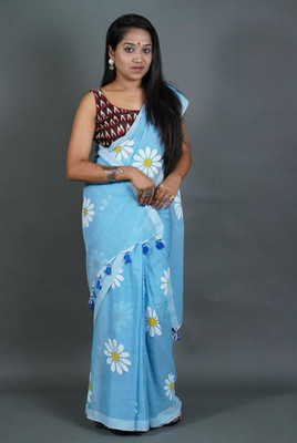 SMRITI CREATION Printed Handloom Handloom Pure Cotton Saree(Light Blue)