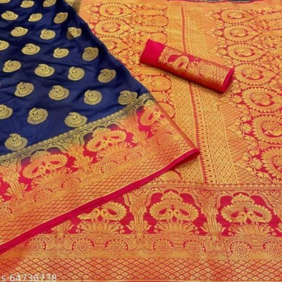 JkfSarees Woven, Temple Border, Self Design, Dyed Banarasi Jacquard Saree(Dark Blue, Red)