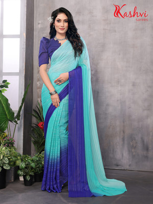 kashvi sarees Ombre, Solid/Plain, Self Design Bollywood Satin Saree(Light Blue, Blue)