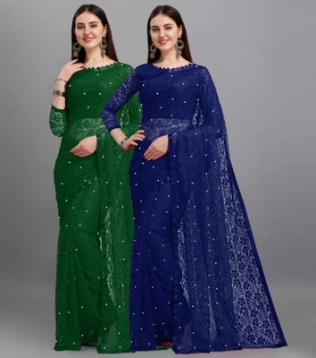 Amavii Self Design Bollywood Net Saree(Pack of 2, Green, Dark Blue)