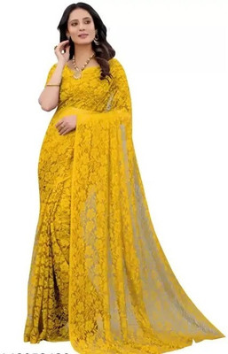 SwiftStyle Solid/Plain Daily Wear Net Saree(Yellow)