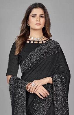 DHRAM CREATION Solid/Plain Bollywood Georgette Saree(Black)