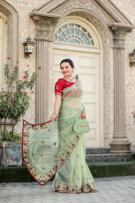 Yozzby Embroidered Bollywood Net Saree(Light Green)