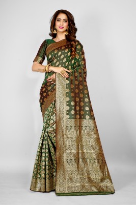 Aachari Self Design, Floral Print, Embellished, Woven, Applique Kanjivaram Jacquard, Pure Silk Saree(Dark Green)