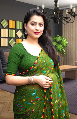 DAZLIO Printed Kalamkari Georgette Saree(Green)