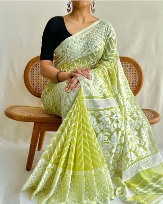 Rnn Embroidered Jamdani Cotton Silk Saree(Light Green, White)